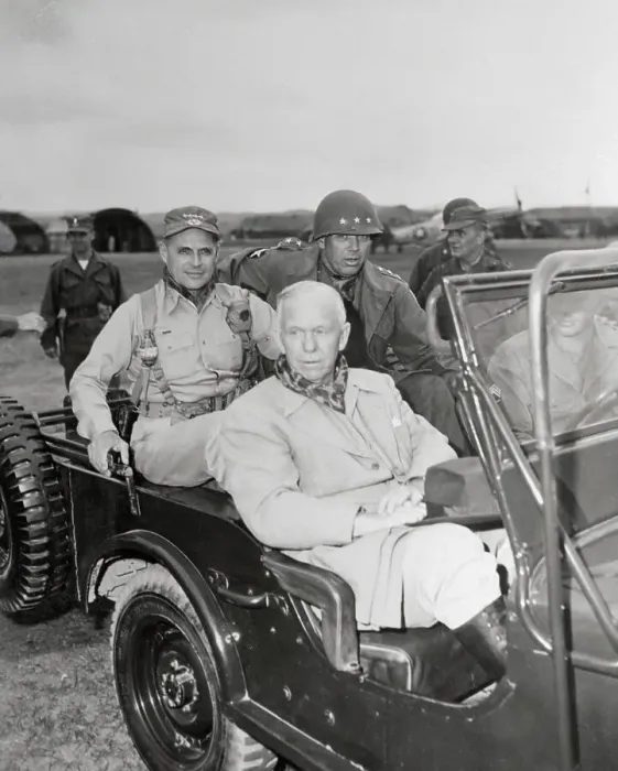 Framed Print : George Marshall in Jeep with Other Officers Framed Print : George Marshall in Jeep with Other Officers