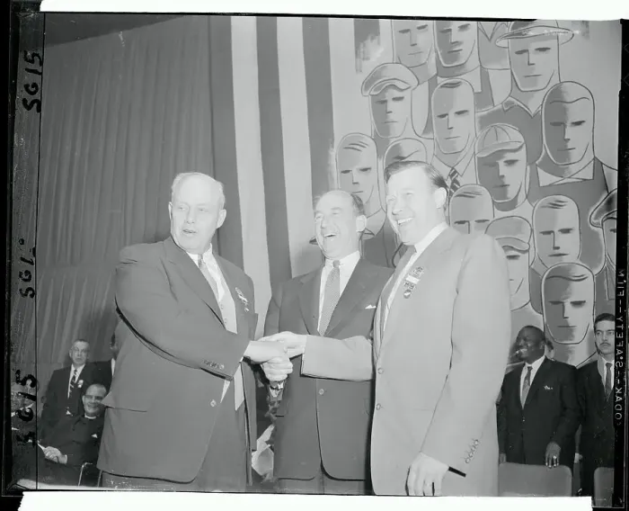 Framed Print : George Meany and Walter Reuther Shaking Hands with Adlai Stevenson