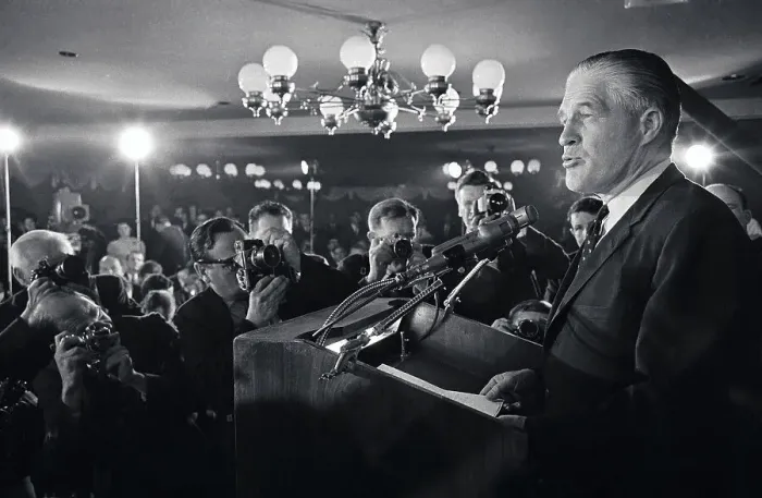 Framed Print : George Romney Speaking at Microphones Framed Print : George Romney Speaking at Microphones