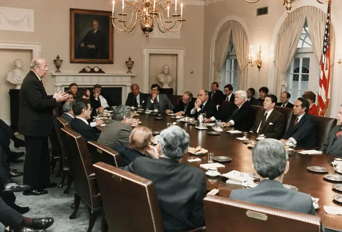 Framed Print : George Shultz Adresses Cabinet with President Framed Print : George Shultz Adresses Cabinet with President