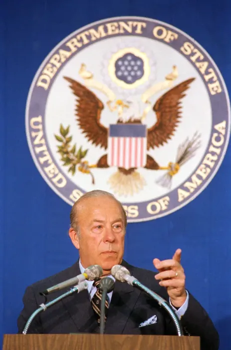 Framed Print : George Shultz Speaking at Microphones Framed Print : George Shultz Speaking at Microphones