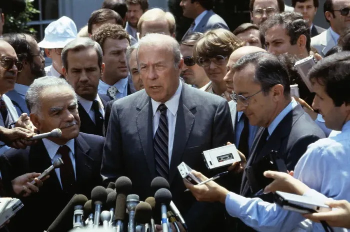 Framed Print : George Shultz and Yitzhak Shamir with Reporters Framed Print : George Shultz and Yitzhak Shamir with Reporters