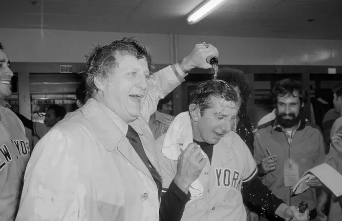 Framed Print : George Steinbrenner Pouring Champagne on Billy Martin Framed Print : George Steinbrenner Pouring Champagne on Billy Martin