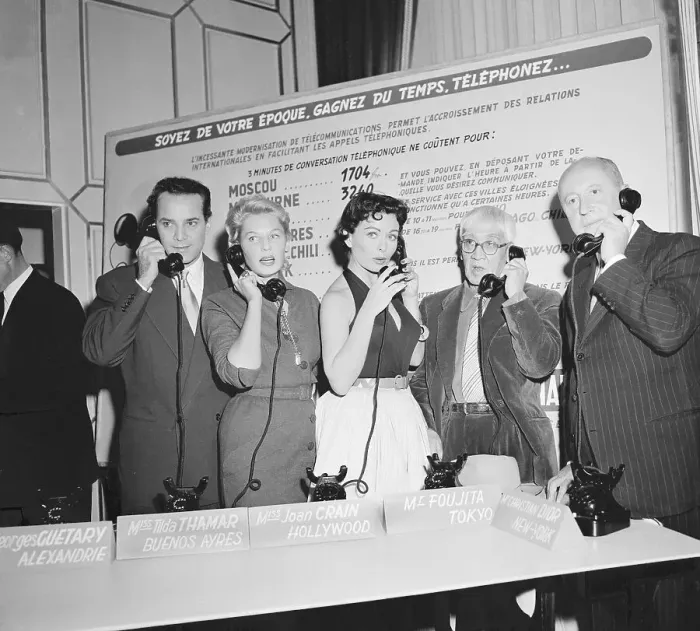 Framed Print : Georges Guetary, Tilda Thamar, Jeanne Crain, Foujita and Christian Dior Talking on Phones Framed Print : Georges Guetary, Tilda Thamar, Jeanne Crain, Foujita and Christian Dior Talking on Phones