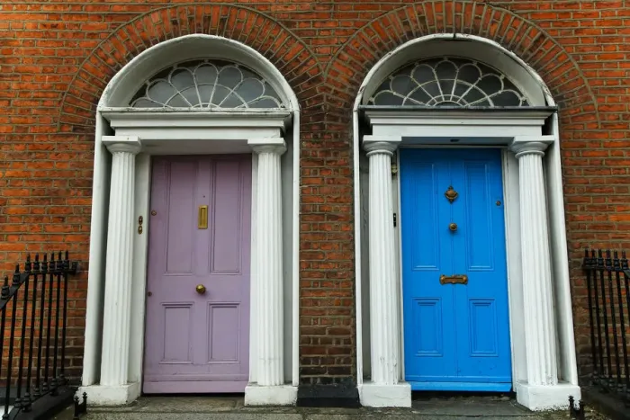 Framed Print : Georgian architecture and painted house doors with red brick facade in Dublin city centre Framed Print : Georgian architecture and painted house doors with red brick facade in Dublin city centre