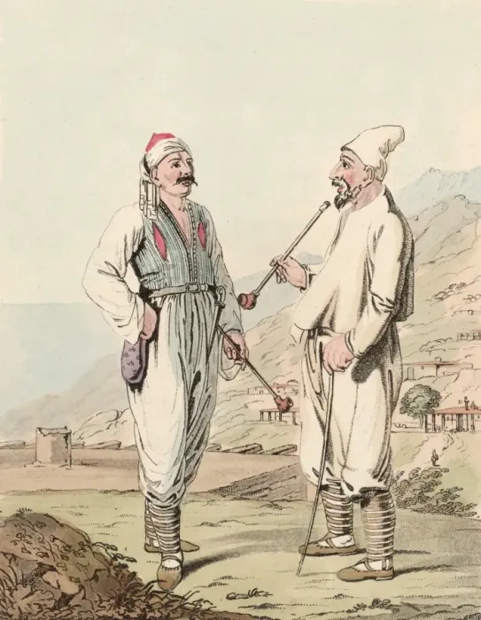 Framed Print : Georgians. circa 1800: An elderly Georgian man draws on his pipe as he Framed Print : Georgians. circa 1800: An elderly Georgian man draws on his pipe as he