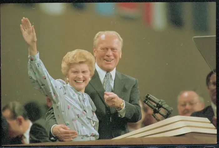 Framed Print : Gerald Ford and Betty Ford Waving Framed Print : Gerald Ford and Betty Ford Waving
