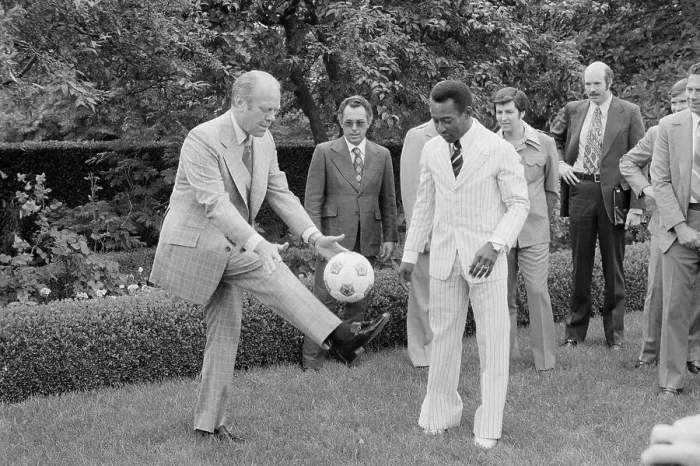 Framed Print : Gerald Ford Handling Soccer Ball With Pele Nearby Framed Print : Gerald Ford Handling Soccer Ball With Pele Nearby