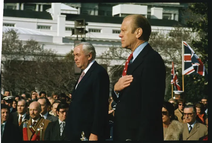 Framed Print : Gerald Ford and Harold Wilson Outside White House Framed Print : Gerald Ford and Harold Wilson Outside White House