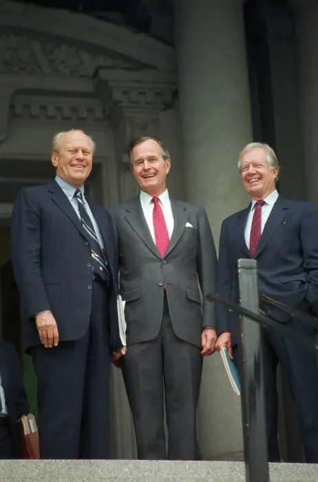 Framed Print : Gerald Ford and Jimmy Carter Meeting with George Bush