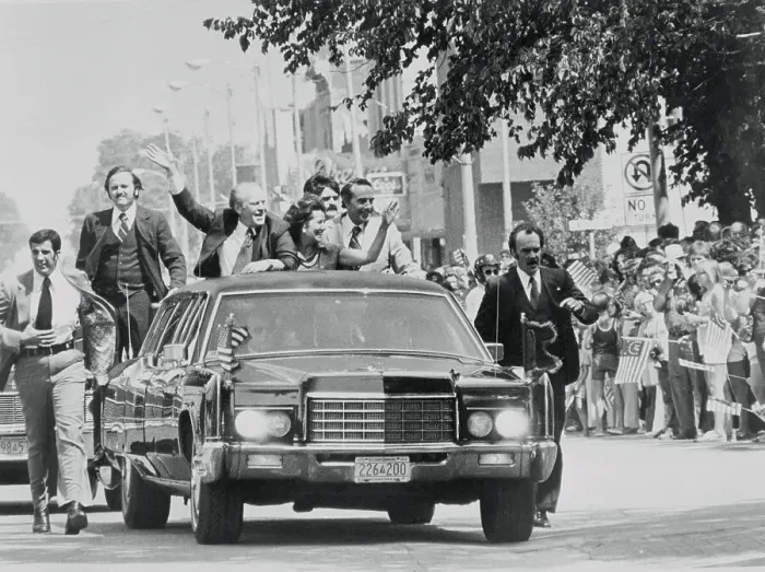 Framed Print : Gerald Ford and Robert Dole Waving from Automobile Framed Print : Gerald Ford and Robert Dole Waving from Automobile
