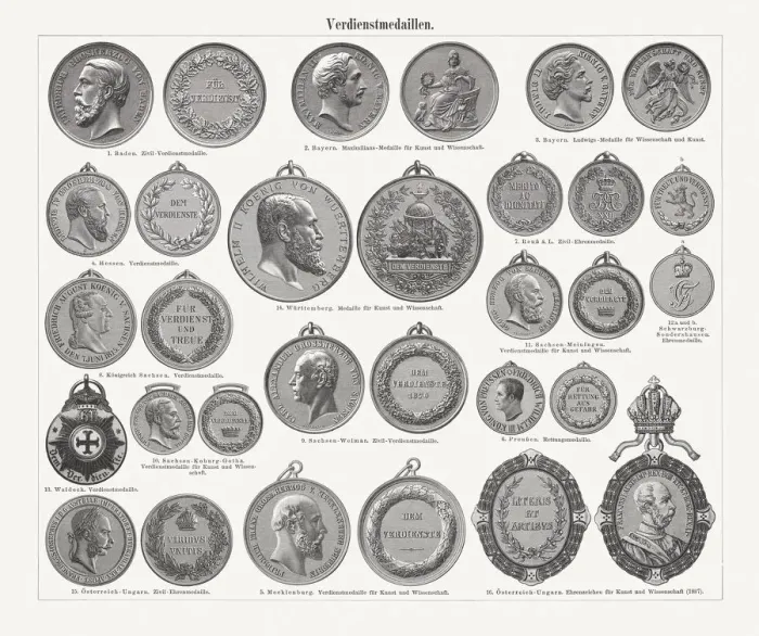 Framed Print : German and Austrian-Hungarian Orders of Merit, wood engravings, publisged 1897 Framed Print : German and Austrian-Hungarian Orders of Merit, wood engravings, publisged 1897