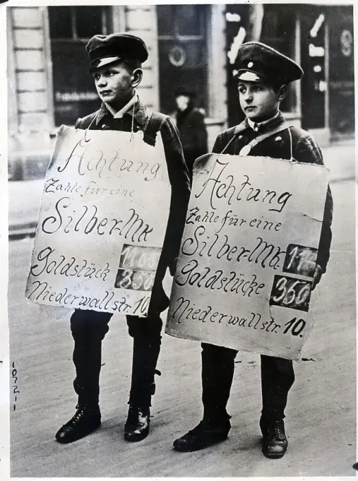 Framed Print : Two German Boys with Signs For Gold and Silver
