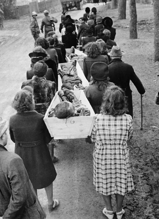Framed Print : German Civilians Carry Coffins of Death Camp Victims 1945 Framed Print : German Civilians Carry Coffins of Death Camp Victims 1945