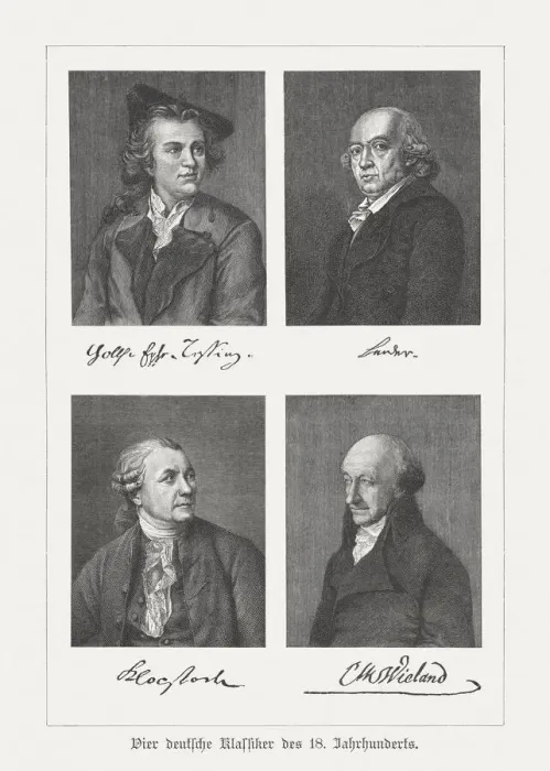 Framed Print : Four German classic writers, 18th century, wood engravings, published 1897 Framed Print : Four German classic writers, 18th century, wood engravings, published 1897