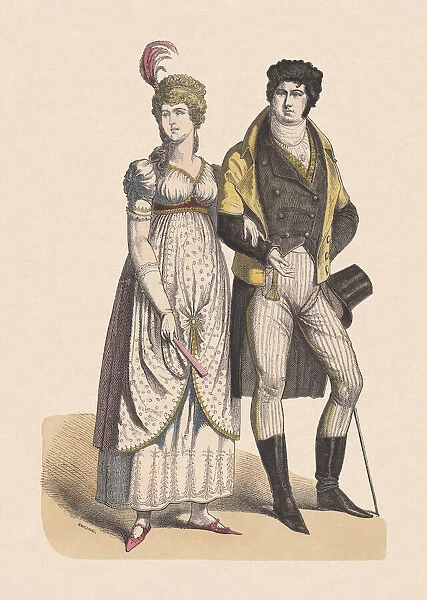 German costumes, shortly after 1800, hand-colored wood engraving, published c. 1880