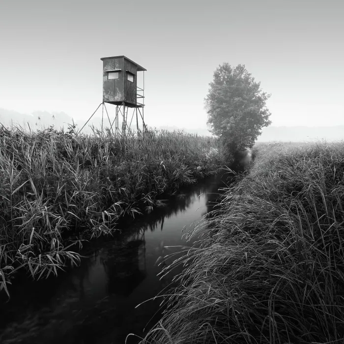 Framed Print : German floodplain landscape in Brandenburg with high seat on the Nuthe in black and white, Luckenwalde, Germany
