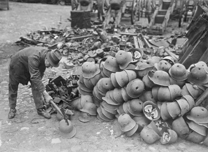 Framed Print : German Helmets Stacked for Elimination Framed Print : German Helmets Stacked for Elimination