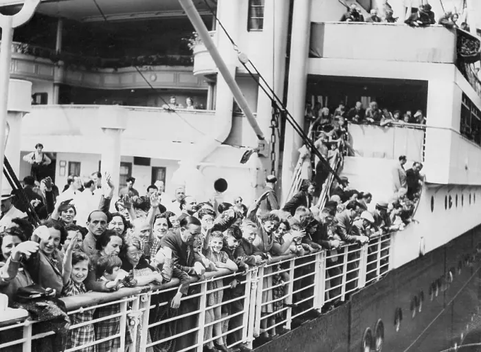 Framed Print : German-Jewish Refugees Waving from Ship Deck Framed Print : German-Jewish Refugees Waving from Ship Deck