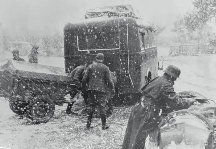 Framed Print : German Motorized Unit Stuck in Snow