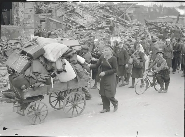 Framed Print : German Pedestrians on War Torn Street Framed Print : German Pedestrians on War Torn Street
