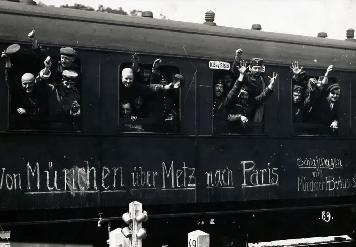 Framed Print : German Troops Waving From Train Windows Framed Print : German Troops Waving From Train Windows