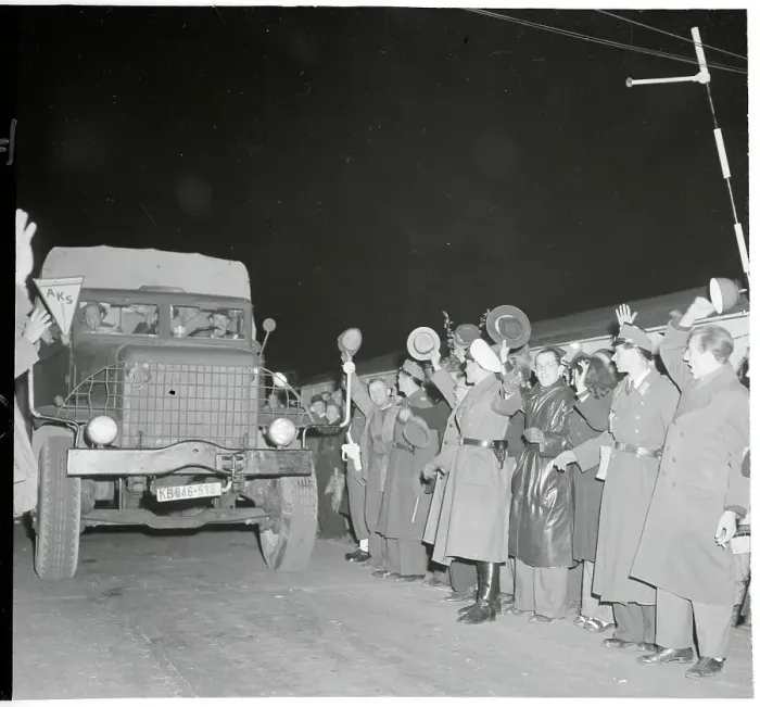 Framed Print : Germans Cheering Allied Freight Truck Framed Print : Germans Cheering Allied Freight Truck