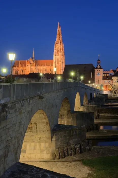 Framed Print : Germany, Bavaria, Regensburg, Cathedral, town gate and stone bridge on Danube river at night Framed Print : Germany, Bavaria, Regensburg, Cathedral, town gate and stone bridge on Danube river at night