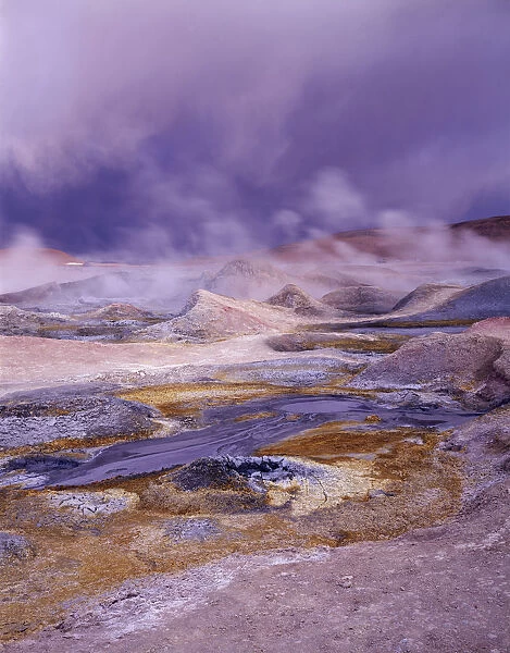 Geyser, sulphurous smoke, clouds, Sol de Manana, Altiplano, Bolivia