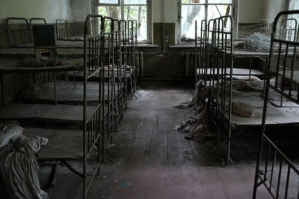 Beds. Ghost town of Pripyat, near the Chernobyl nuclear reactor