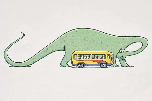 Giant green dinosaur standing next to minibus full of passengers bending its neck back to peer at the vehicle, side view