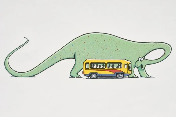 Framed Print : Giant green dinosaur standing next to minibus full of passengers bending its neck back to peer at the vehicle, side view Framed Print : Giant green dinosaur standing next to minibus full of passengers bending its neck back to peer at the vehicle, side view