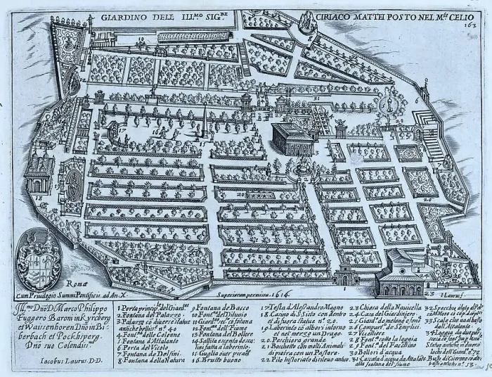 Framed Print : Giardino dell Illustrissimo Signore Ciriaco Mattei Posto nel Monte Celio, Gardens of Villa Mattei on Monte Celio. This image shows the gardens and grounds of Villa Mattei, now known as Villa Celimontana, historic Rome, Italy