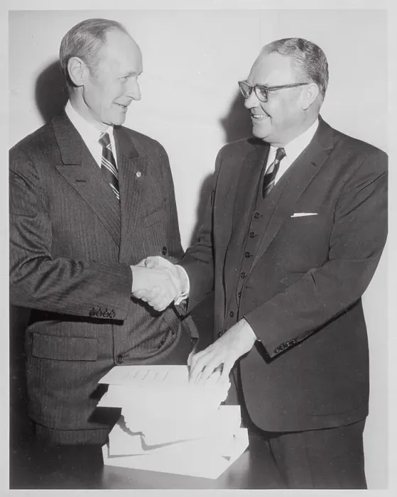 Framed Print : Gilbert Mueller and Henderson Supplee Shaking Hands Framed Print : Gilbert Mueller and Henderson Supplee Shaking Hands
