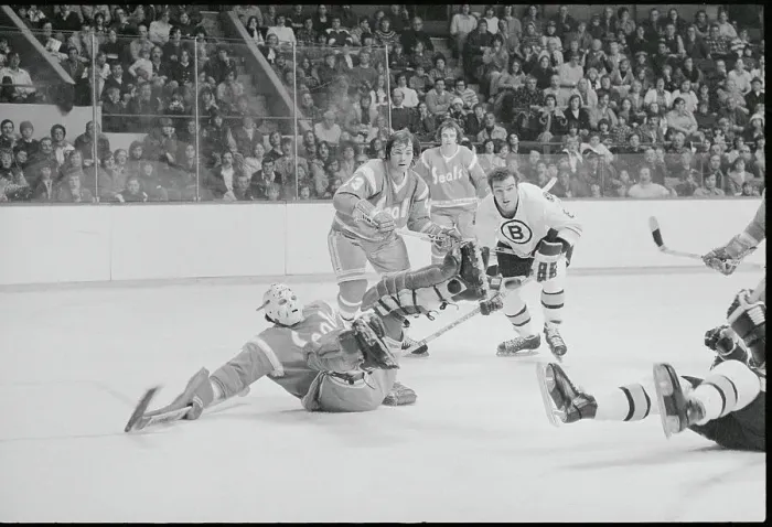 Framed Print : Gilles Meloche and Andre Savard Falling Framed Print : Gilles Meloche and Andre Savard Falling
