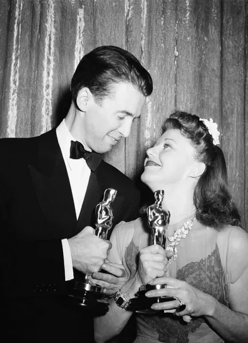 Framed Print : Ginger Rogers and Jimmy Stewart with Academy Awards