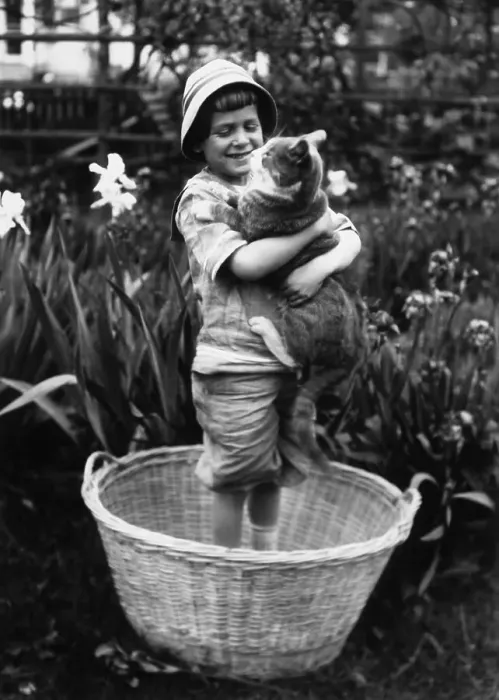 Framed Print : Girl (6-7 years) embracing her cat Framed Print : Girl (6-7 years) embracing her cat