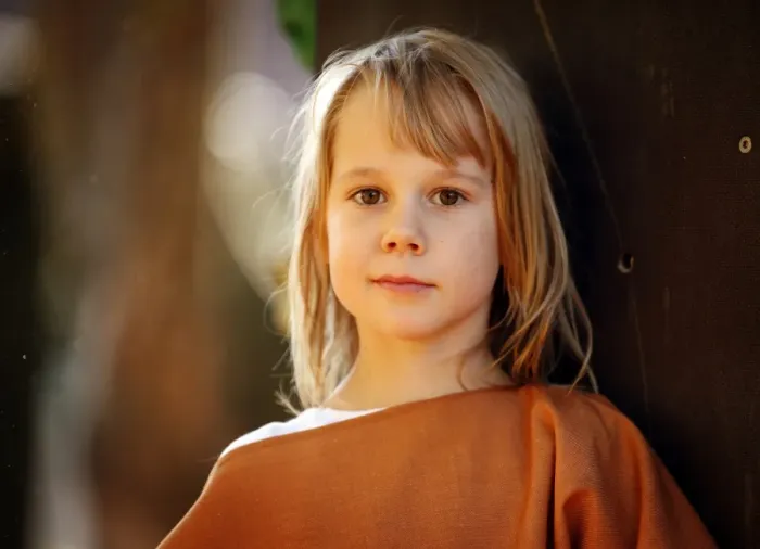 Framed Print : Girl, 7 years, portrait, outdoors
