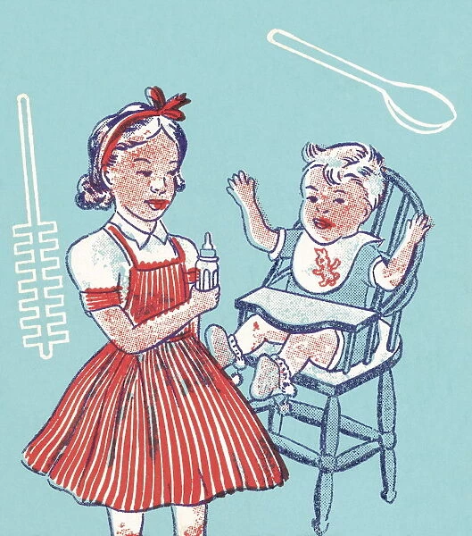 Girl and Baby in a High Chair