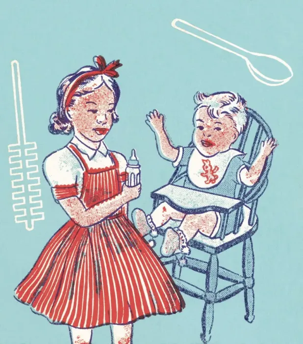 Framed Print : Girl and Baby in a High Chair Framed Print : Girl and Baby in a High Chair
