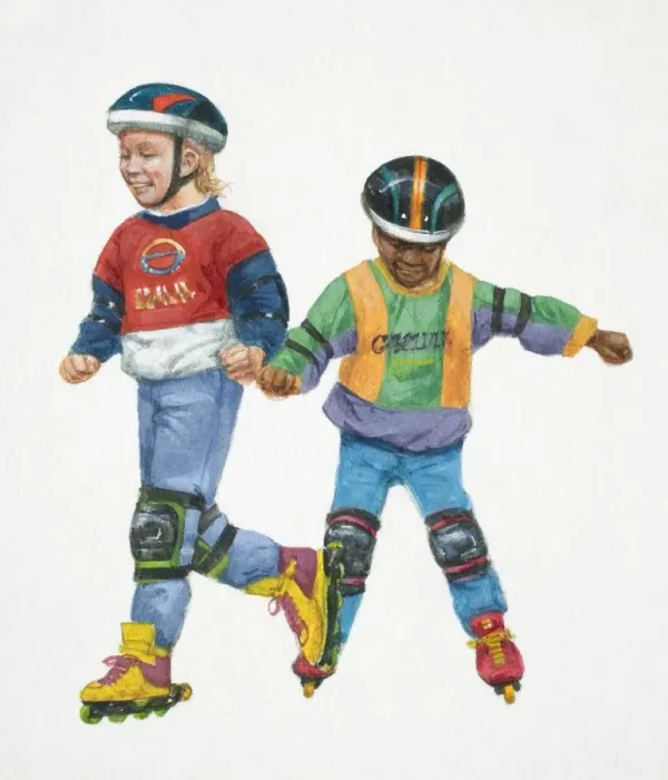 Framed Print : Girl and boy in kneepads and helmets rollerblading holding hands, front view Framed Print : Girl and boy in kneepads and helmets rollerblading holding hands, front view