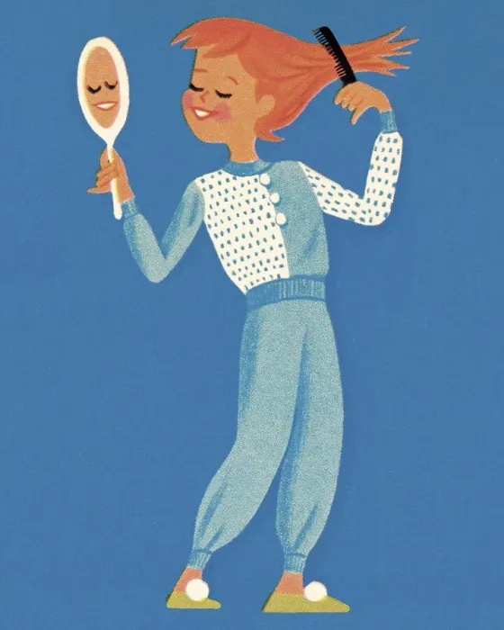 Framed Print : Girl Combing Hair Looking in a Mirror Framed Print : Girl Combing Hair Looking in a Mirror