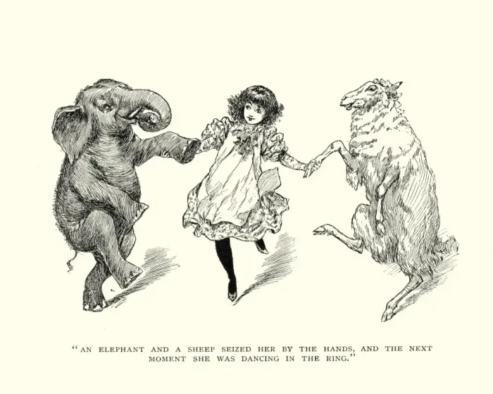 Framed Print : Girl dancing with an elephant and a sheep Framed Print : Girl dancing with an elephant and a sheep