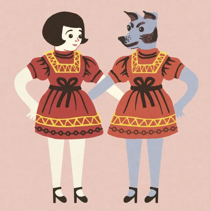 Framed Print : Girl and Dog Wearing the Same Dress Framed Print : Girl and Dog Wearing the Same Dress