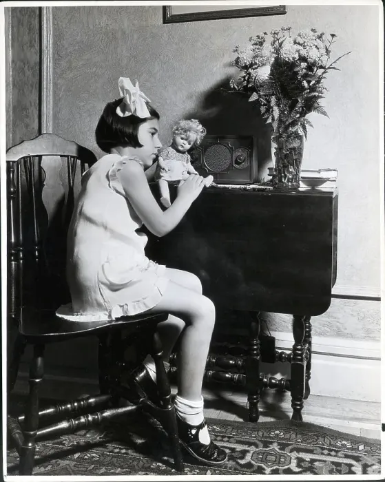 Framed Print : Girl and Doll Listening to Radio Framed Print : Girl and Doll Listening to Radio