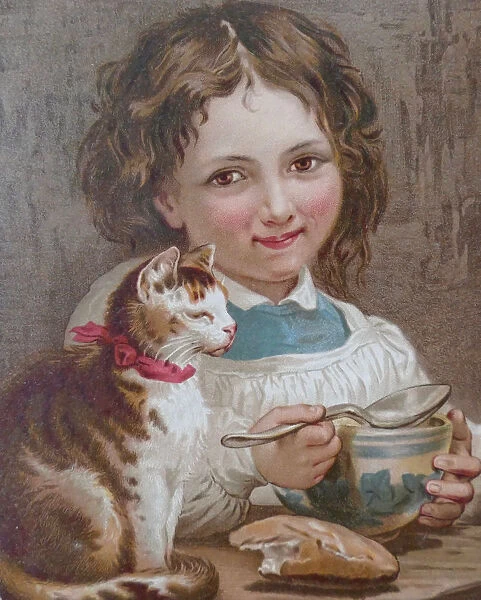Girl eating soup having her cat on the table