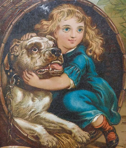 Girl embracing her dog in the barrel kennel