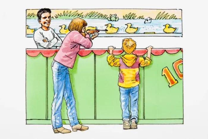 Framed Print : Girl at funfair stall shooting at ducks, boy and man watching Framed Print : Girl at funfair stall shooting at ducks, boy and man watching