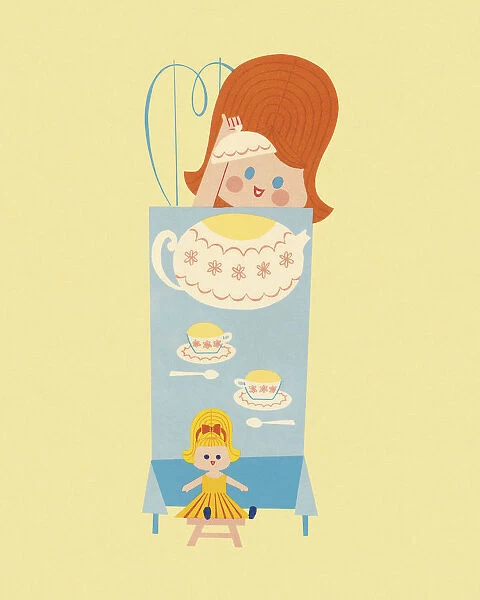 Girl Having a Tea Party with Her Doll