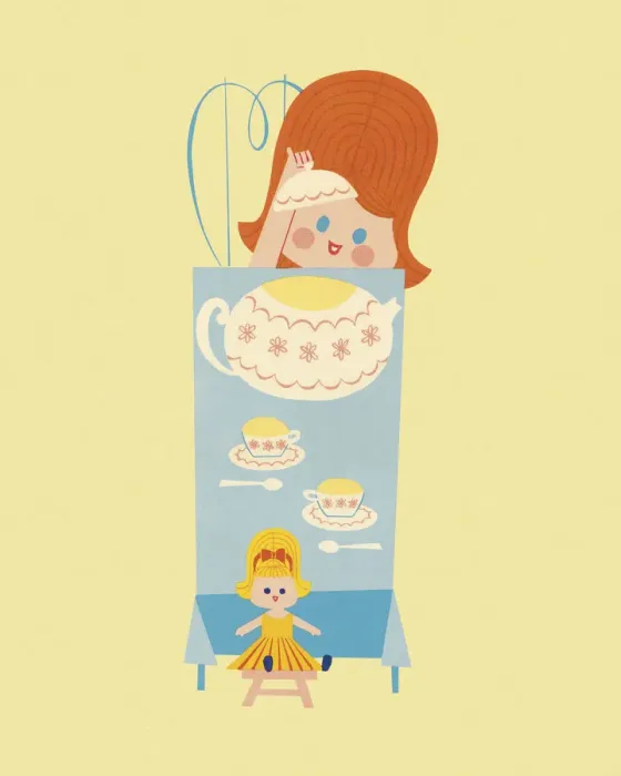 Framed Print : Girl Having a Tea Party with Her Doll Framed Print : Girl Having a Tea Party with Her Doll